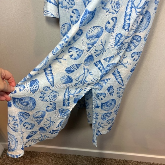 Martha Stewart Womens Linen Blend Shirt Dress Blue White Beach Shells Size Small - Picture 8 of 16